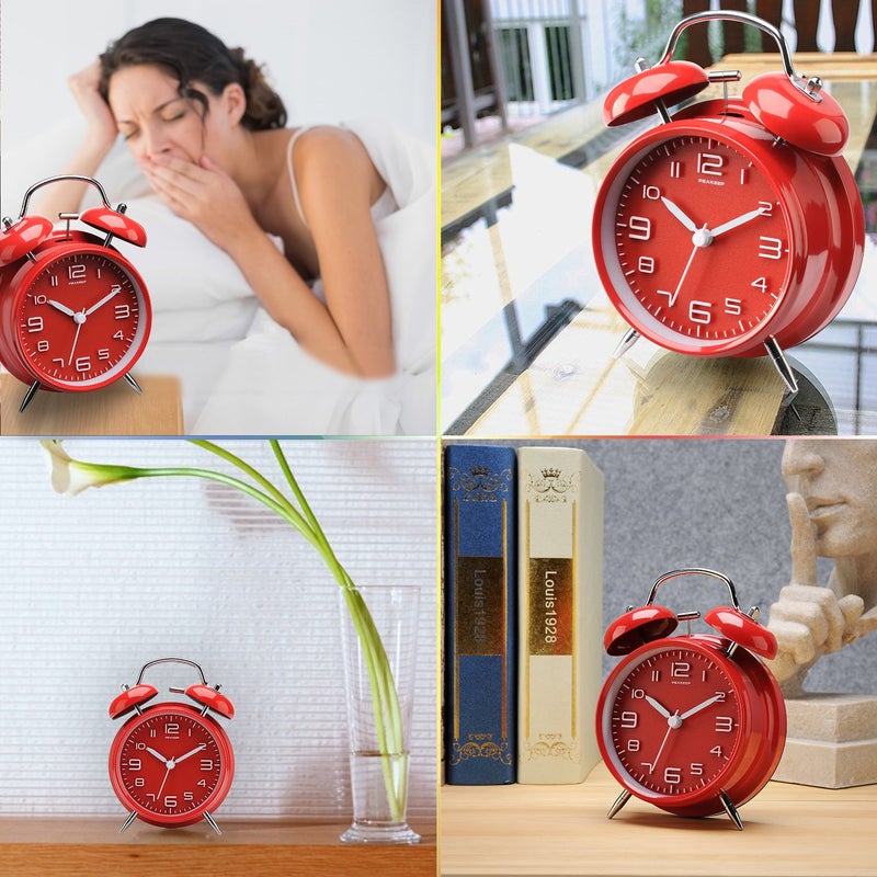 بيكيب Peakeep 4 بوصة منبه مزدوج الجرس بصوت عالٍ للنوم الثقيل الخلفية تعمل بالبطارية منبه قديم الطراز لغرف النوم (أحمر) - Image 4